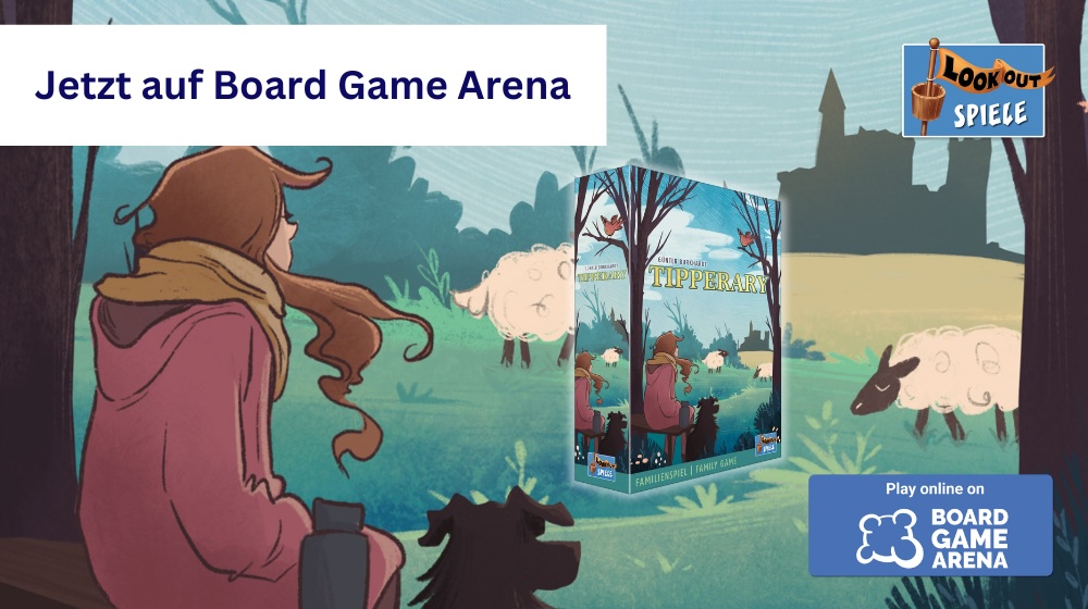 Eine Illustration einer grünen Landschaft mit einer Burg im Hintergrund sowie einer Frau in einem roten Mantel, einem schwarzen Hund und zwei weißen Schafen. Darauf ist die Box des Spiels und oben, in einem weißen Kasten, der Text: Jetzt auf Board Game Arena.