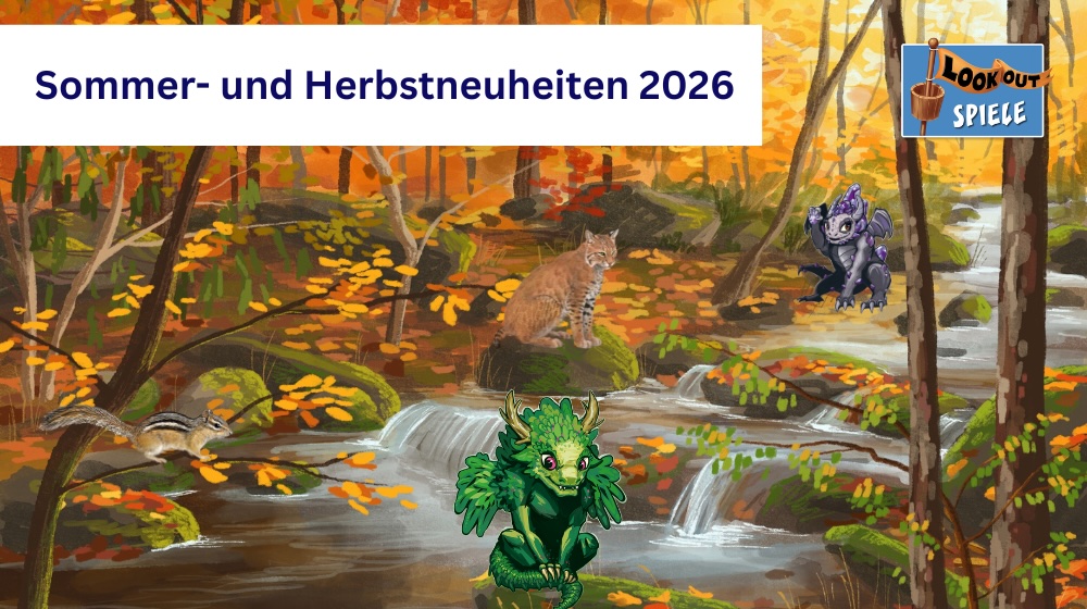 Auf einer Illustration eines kleinen Bachs in einer herbstlichen Wald sind mehrere Tiere aus Mischwald - Smoky Mountains sowie zwei Drachen aus Duell der Drachen. In einem weißen Kasten oben steht: Sommer- und Herbstneuheiten 2026.