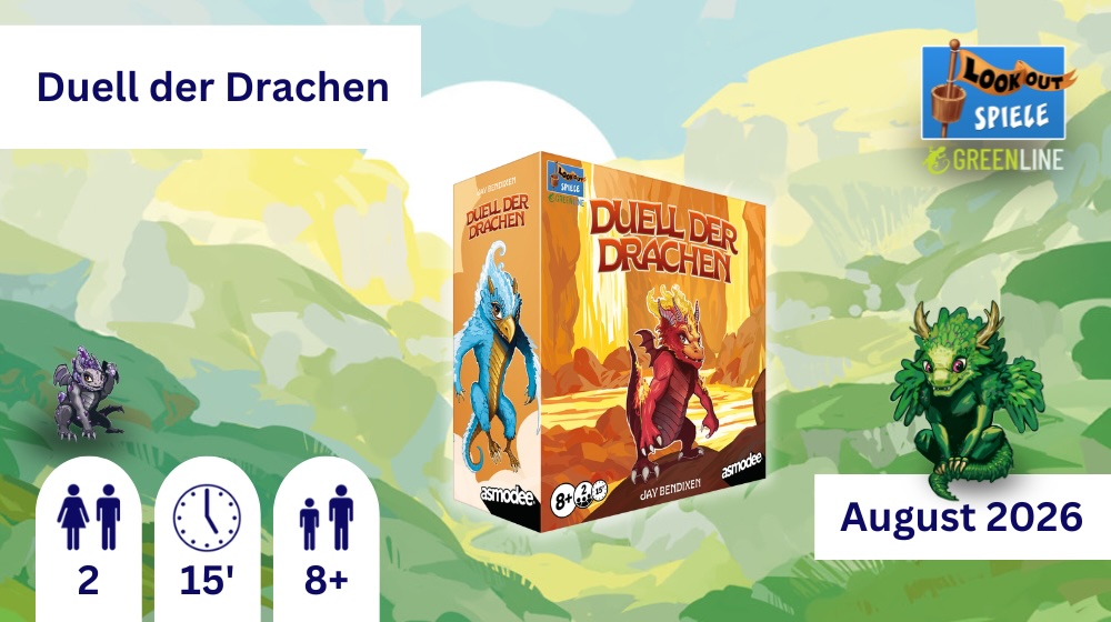 Auf einer Illustration einer grünen, bergigen Landschaft sind die Box des Spiels, sowie zwei Drachen aus dem Spiel. Oben steht in einem weißen Kasten: Duell der Drachen, unten: August 2026. Unten links steht die Infos zur Spieleranzahl (2), Spielzeit (15’) und Alter (8+).
