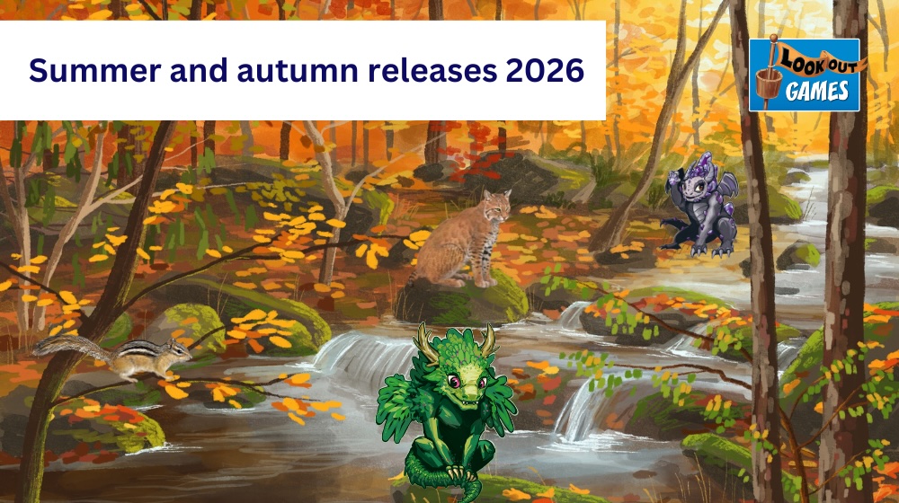 On an illustration of a small creek in a autumnal forest are several animals from the game Forest Shuffle - Smoky Mountains and two dragons from Dragon Overload. In a white rectangle at the top is the text: Summer and autumn releases 2026.