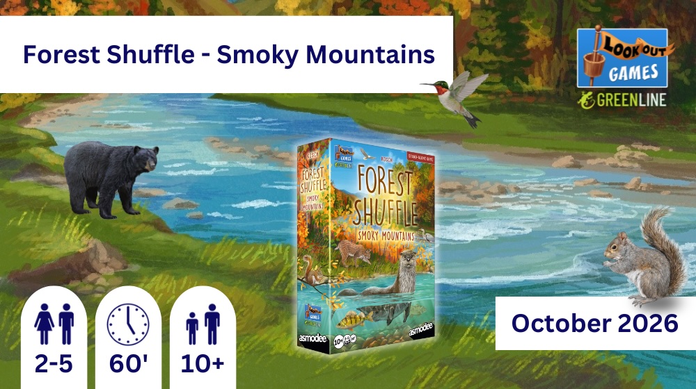 On an illustration of a river in a autumnal landscape are the box of the game as well as several animals from the game. eines Flusses in einer herbstlichen Landschaft sind die Box des Spiels, sowie mehrere Tiere aus dem Spiel. On top in a white rectangle is written: Forest Shuffle - Smoky Mountains, at the bottom: October 2026. At the bottom left is information about the number of players (2-5), playing time (60’), and age (10+).