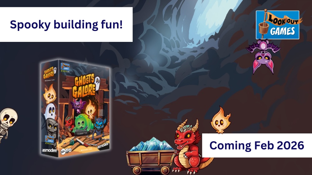 A collage on an illustrated background of a dark cave in which a light shines. On it are two texts. The first one says: Spooky building fun! The second one: Coming Feb 2026. On the collage as well are the Box of Ghosts Galore, some of the monsters and a mine cart.