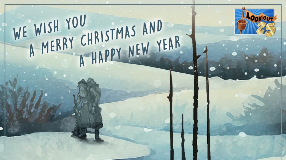 An illustration of a snowy wintery landscape with a blurry person with a backpack on walking through the picture. Over it is the text: We wish you a merry christmal and a happy new year.